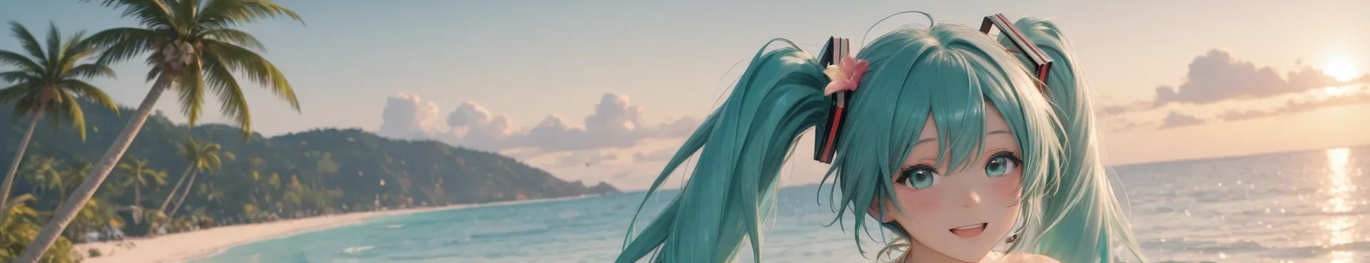 A very cute and graceful Hatsune Miku on a tropical island