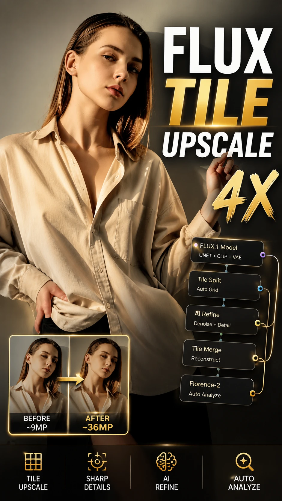 Flux Tile Upscale 4x + Refino Automático com Florence-2 (9 MP → ~36 MP)