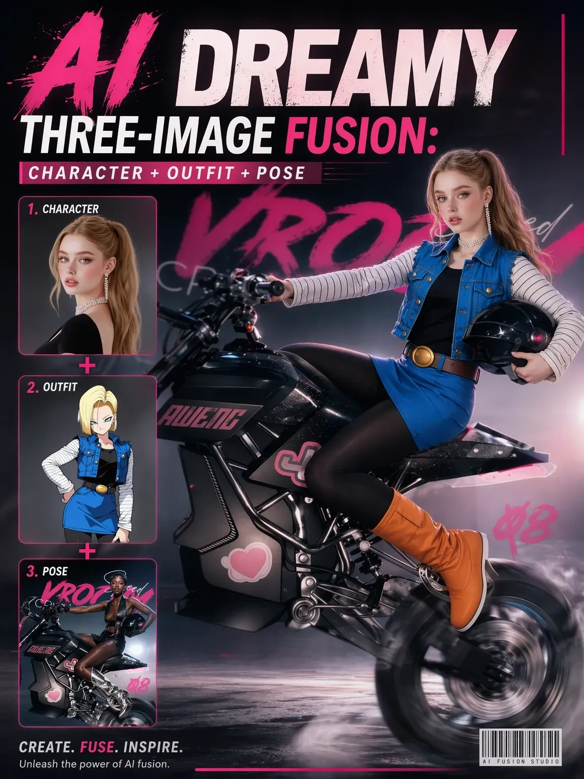AI Dreamy Three-Image Fusion: Character + Outfit + Pose