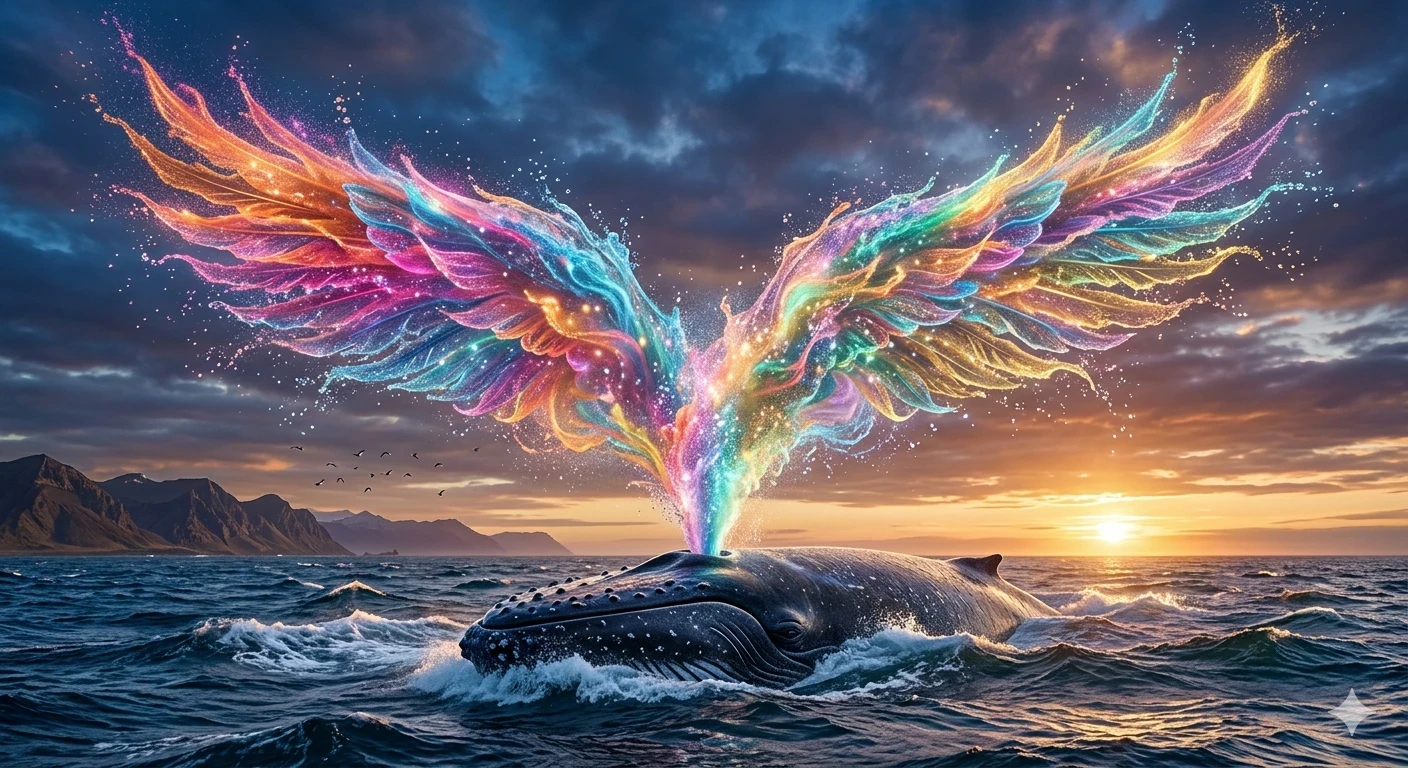 夕暮れの海に、虹色の翼が浮かぶ✨