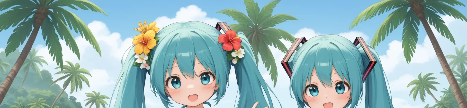  very cute 1 Hatsune Miku on a tropical island.