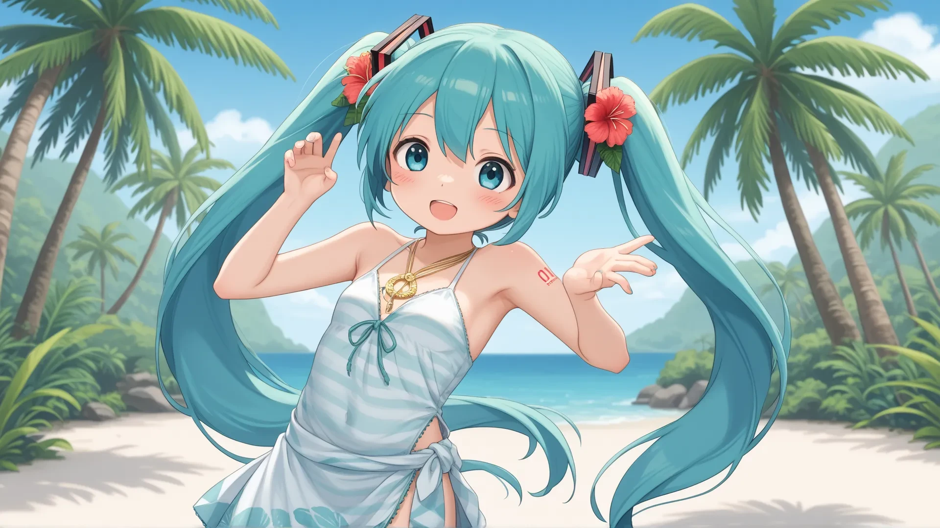  very cute 1 Hatsune Miku dances on a tropical island.