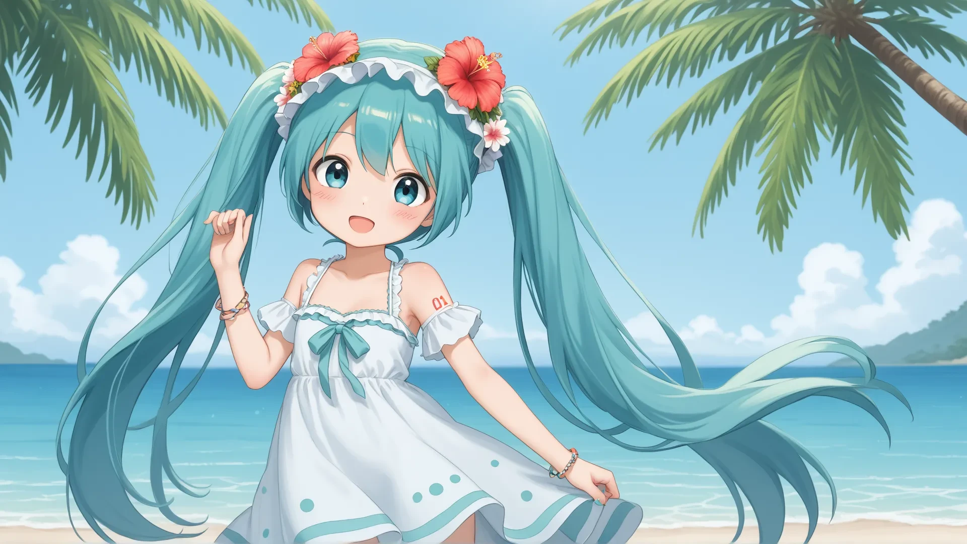 A very cute Hatsune Miku in a cute long summer dress on a tropical island.