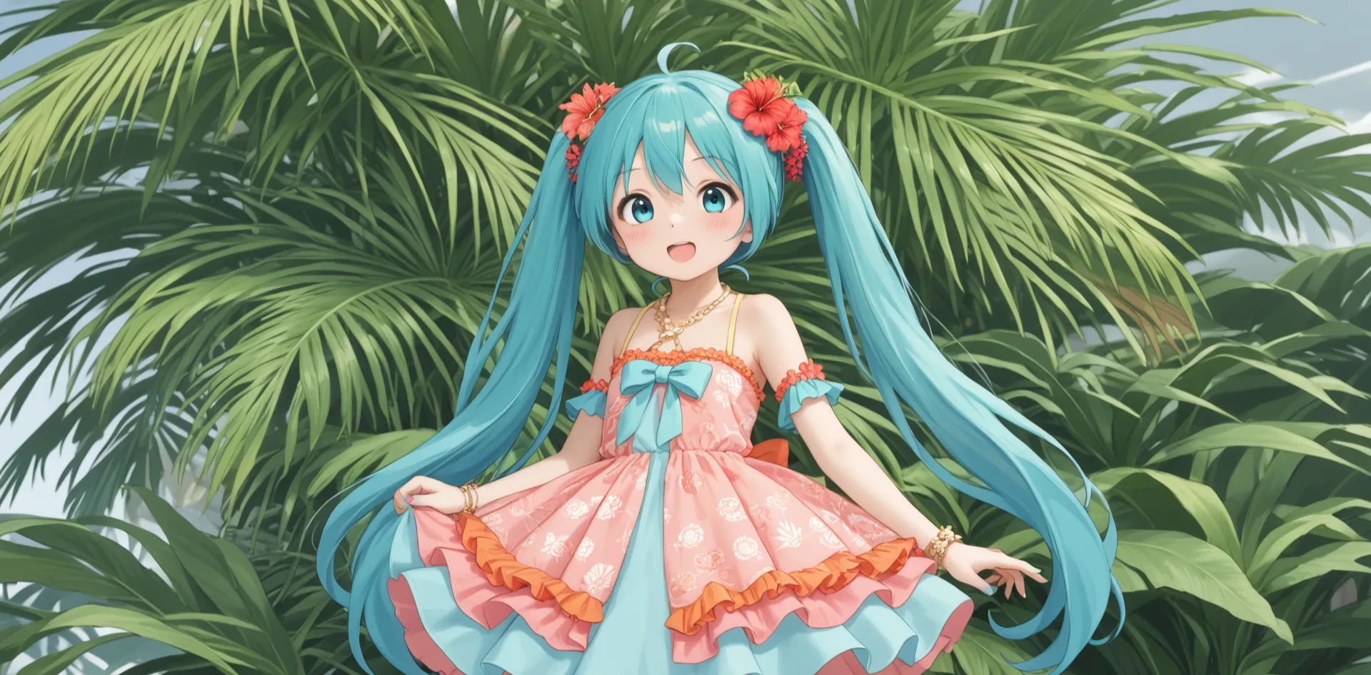 A very cute Hatsune Miku in an adorable long summer cosplay dress on a tropical 