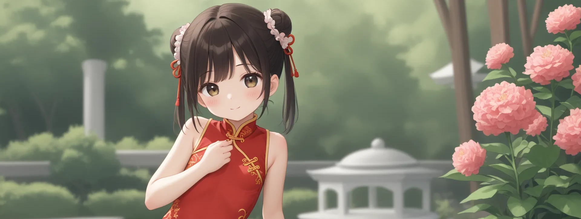 A very cute Chinese girl in a beautiful cheongsam in a blooming garden
