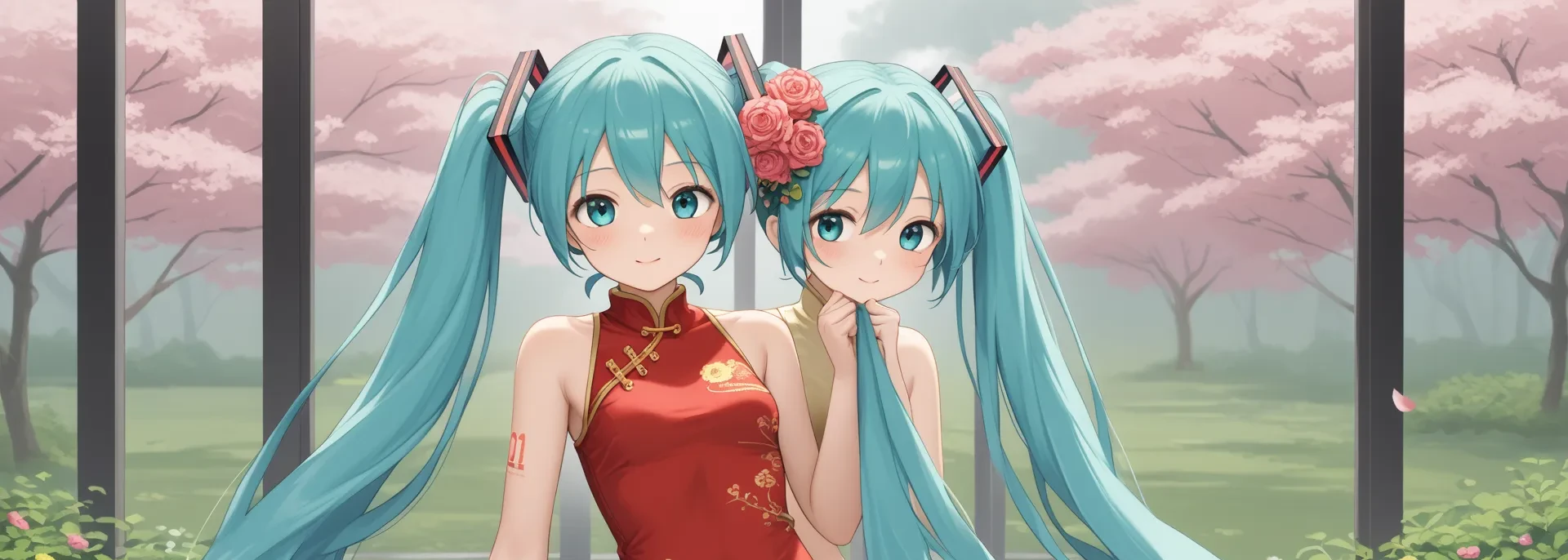 Hatsune Miku in a beautiful cheongsam in a blooming garden