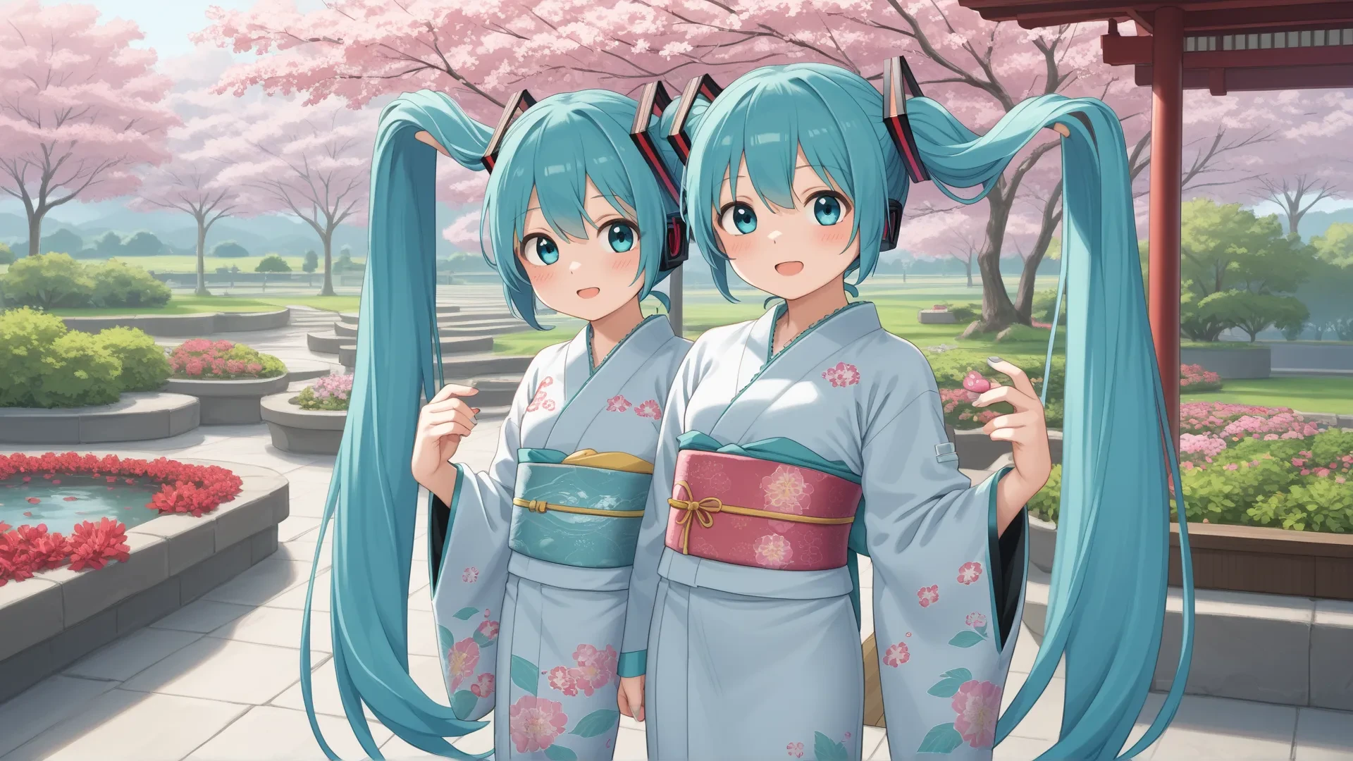 Hatsune Miku in a beautiful kimono in a blooming garden