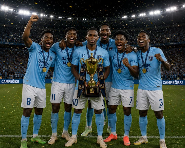 Fadario com uniforme do FC Zeico com o troféu da Elite